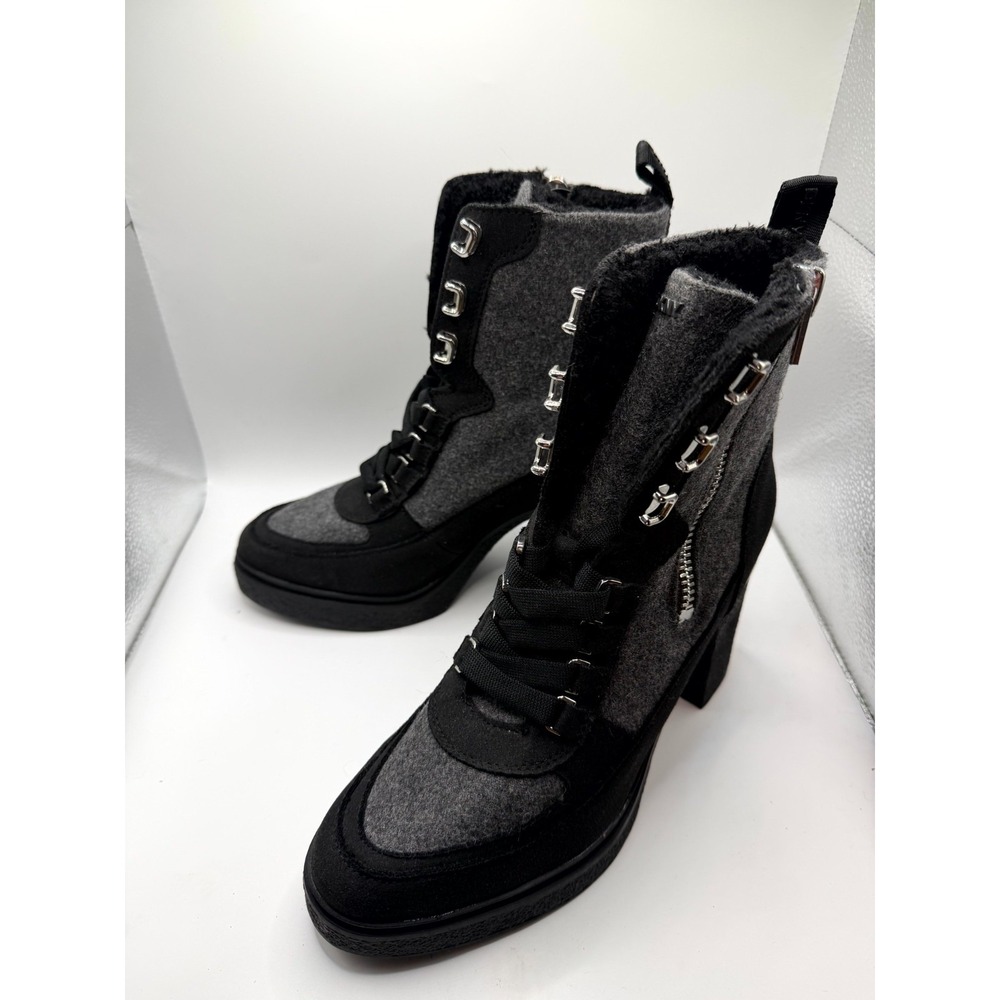 DKNY Toia Womens 9 M Bootie Black‎ Gray Faux Fur Ankle Side Zip Block Heel Boots